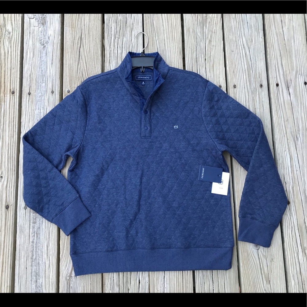 New Men’s CROWN & IVY Navy Blue 1/4 Snap Button Quilted Sweatshirt M